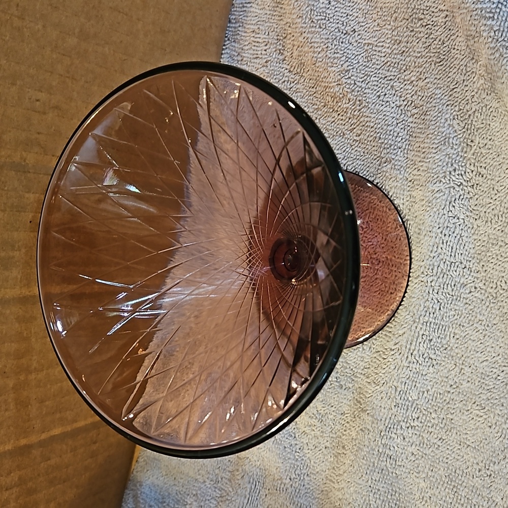 Light Amethyst Glass Flared Compote, 5" high and 5 1/2" across. Diamond pattern